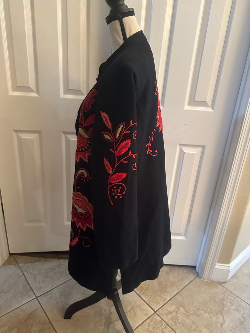 Indigo Moon Embroidered Black, Red & Taupe Women’s Long Jacket with Floral Motif - Picture 4 of 5